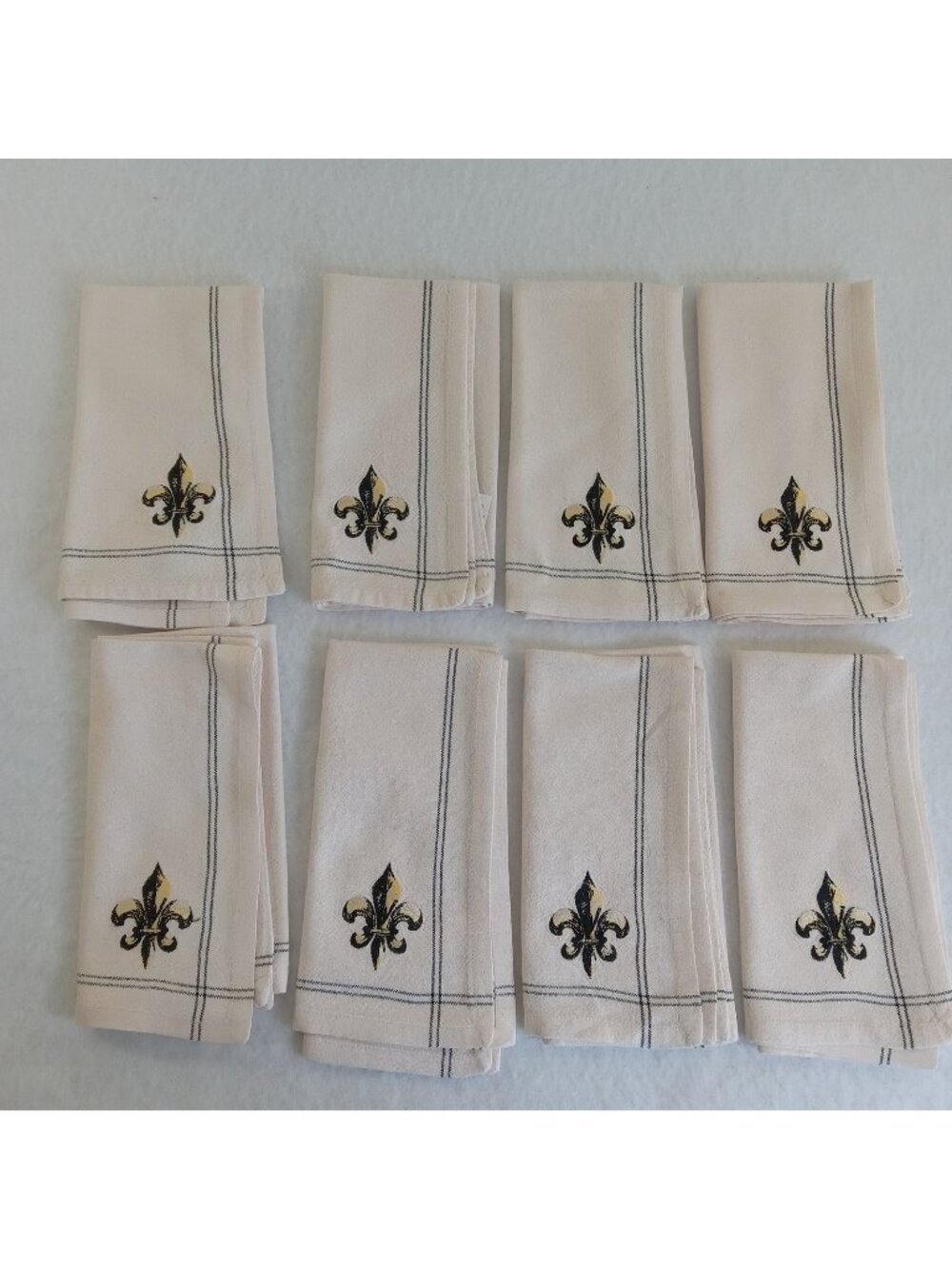 8 Fleur De Lis Cotton Napkins 17"x17" Beige Black Gold Embroidered Dinner Set